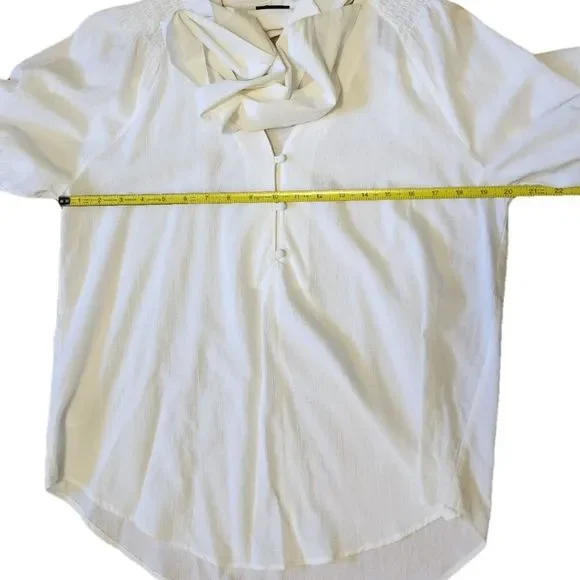 Ann Taylor Ivory Short Sleeve Neck Tie Blouse, Medium - Picture 15 of 15